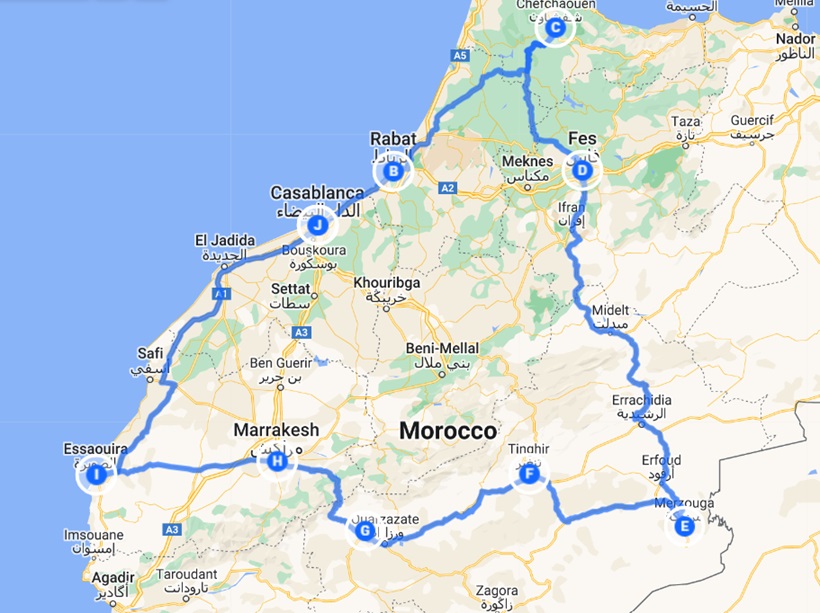 map for Enjoy a 13 days Grand Tour from Casablanca to discover the wonders of Morocco.